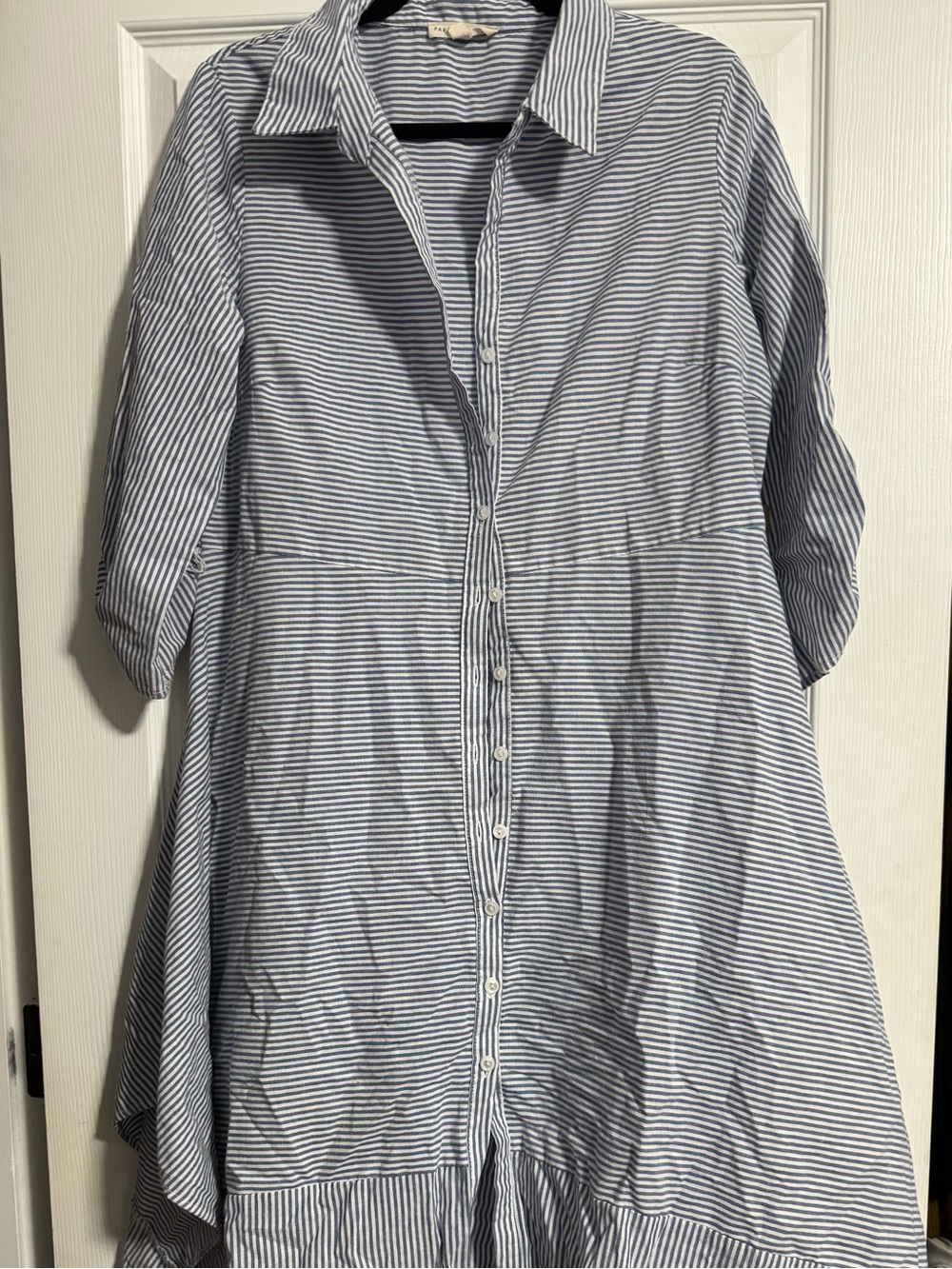 Blue & White Striped Button-Front Shirt Dress – Asymmetrical Hem